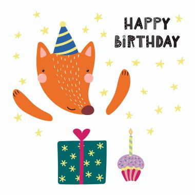 el ile şirin komik tilki İskandinav tarzı Doğum günü kartı içinde çekilmiş bir parti şapka ve teklif mutlu yıllar, vektör, illüstrasyon, kavramı çocuklar için yazdırmak