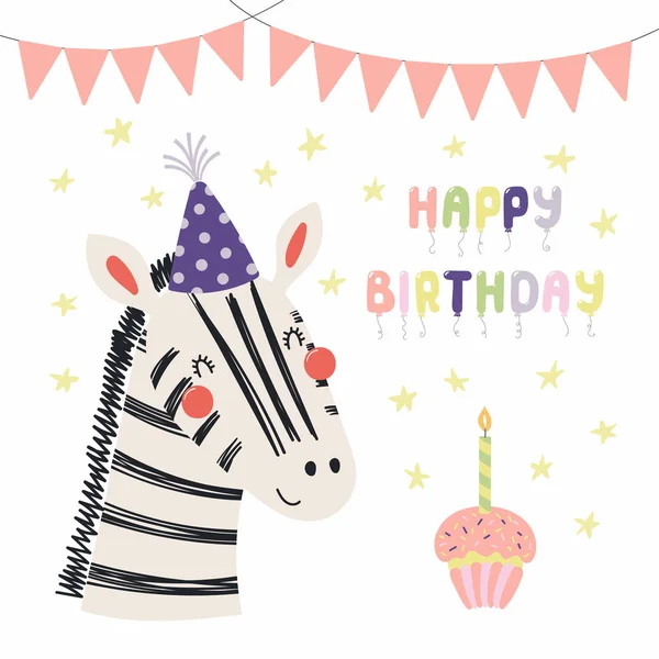 手绘制斯堪的纳维亚风格的生日贺卡与可爱的滑稽斑马在党的帽子和报价快乐的生日 儿童的概念打印 — 图库矢量图片
