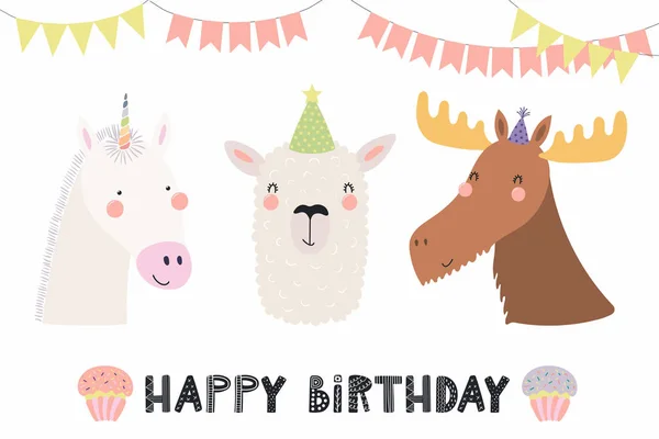 Tarjeta Cumpleaños Dibujada Mano Con Mano Dibujada Escandinavo Con Animales — Vector de stock