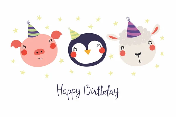 Mano Dibujada Tarjeta Cumpleaños Estilo Escandinavo Con Lindo Cerdo Divertido — Vector de stock