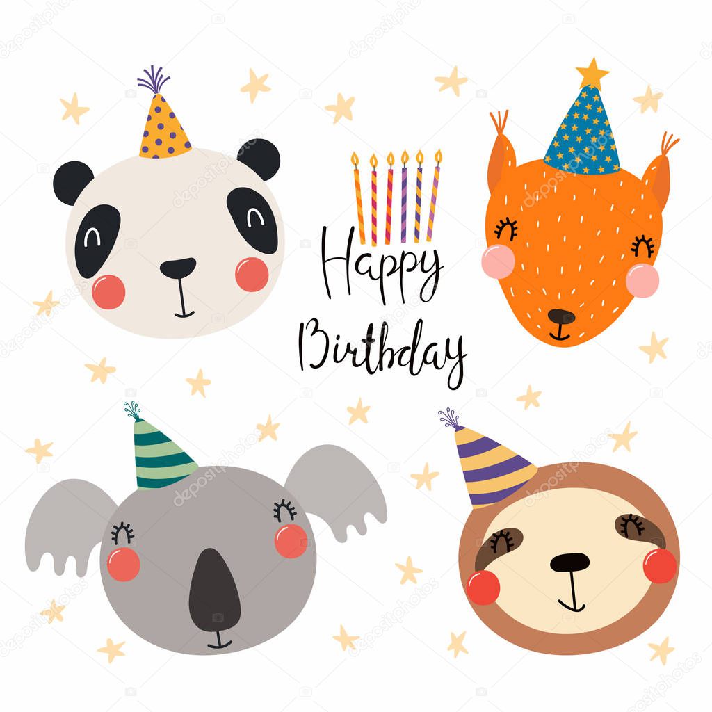 hand drawn in scandinavian style birthday card with cute funny panda, squirrel, koala, sloth in party hats, vector, illustration, Concept for children print