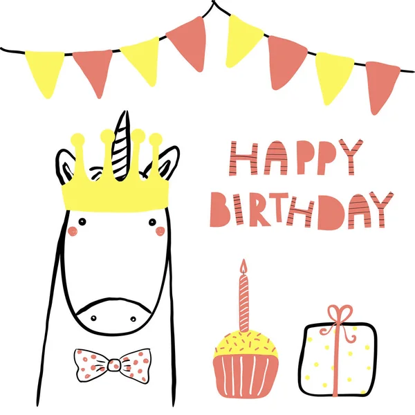 Tarjeta Cumpleaños Dibujada Mano Con Lindo Unicornio Divertido Una Corona — Vector de stock