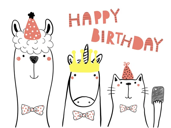 Tarjeta Cumpleaños Dibujada Mano Con Linda Llama Divertida Unicornio Con — Vector de stock