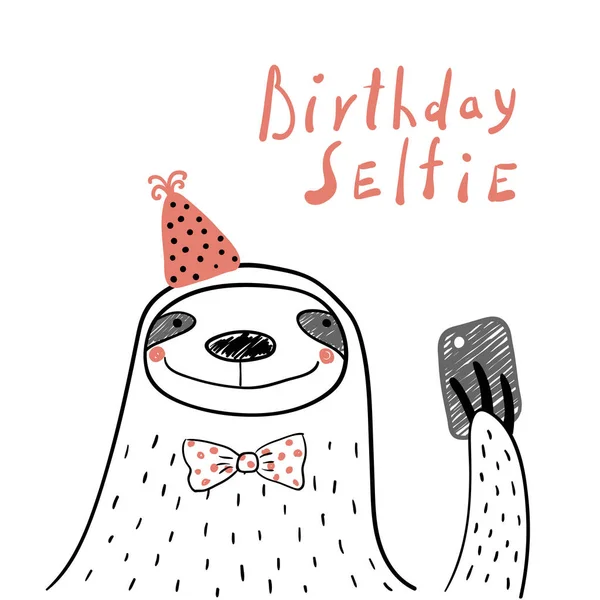 Çizilmiş Doğum Günü Kartı Şirin Komik Tembel Hayvan Selfie Smartphone — Stok Vektör