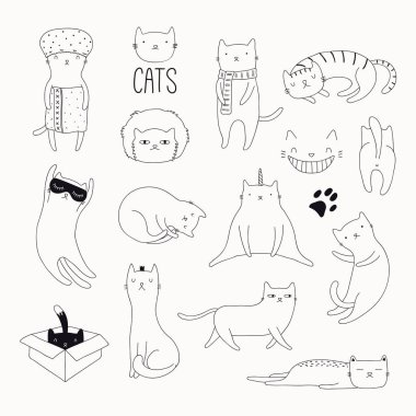 Elle çizilmiş şirin komik siyah beyaz karalamalar beyaz arka plan üzerinde izole kedi kümesi