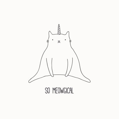 Beyaz arka plan üzerinde meowgical izole böylece siyah ve beyaz vektör çizim bir şirin komik kedi tek boynuzlu at boynuz oturma ve alıntı ile el çekilmiş
