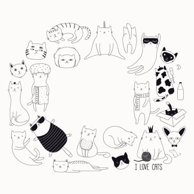 Kediler, vektör, illüstrasyon şirin komik siyah beyaz Doodles el çekilmiş yuvarlak çerçeve 