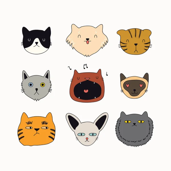 Hand Drawn Cute Funny Color Doodles Cats Faces Isolated White — Stock Vector