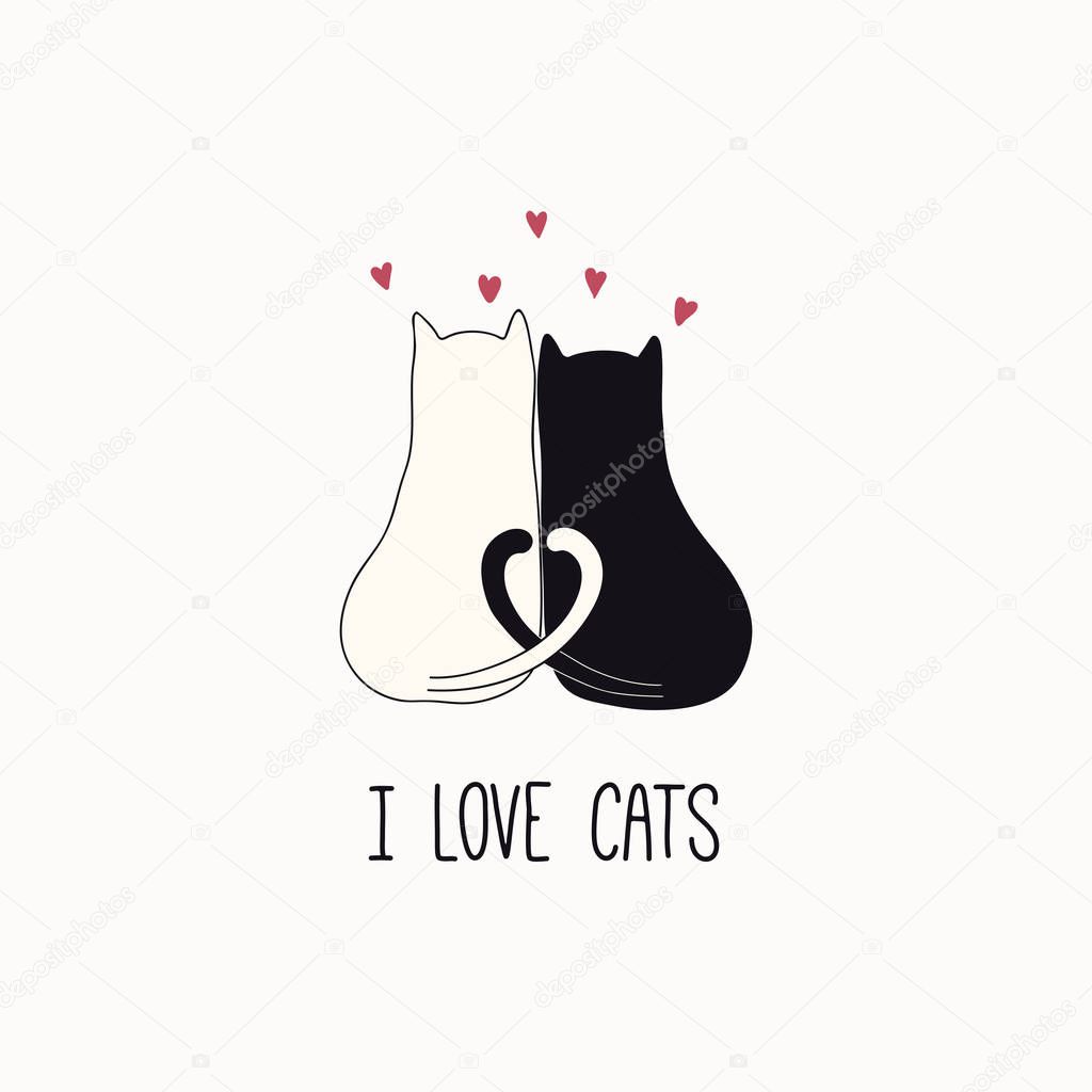 Hand drawn vector illustration of a cute funny cats together and hearts with quote I love cats  isolated on white background