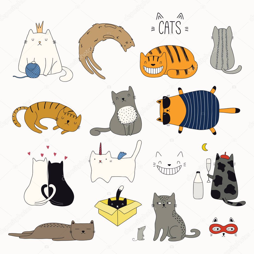 Set of hand drawn cute funny color doodles of cats isolated on white background, Design concept for children print 