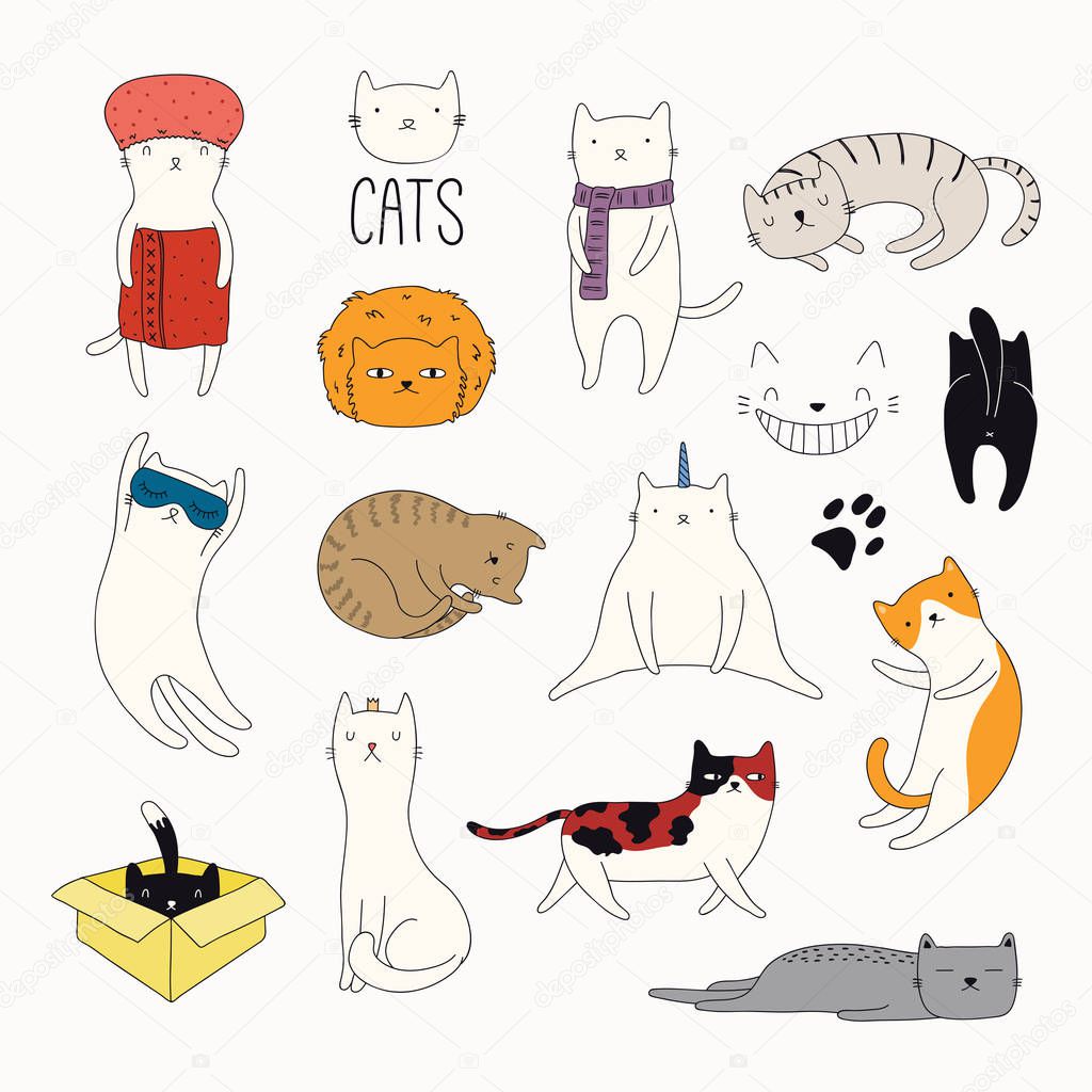 Set of hand drawn cute funny color doodles of cats isolated on white background, Design concept for children print 