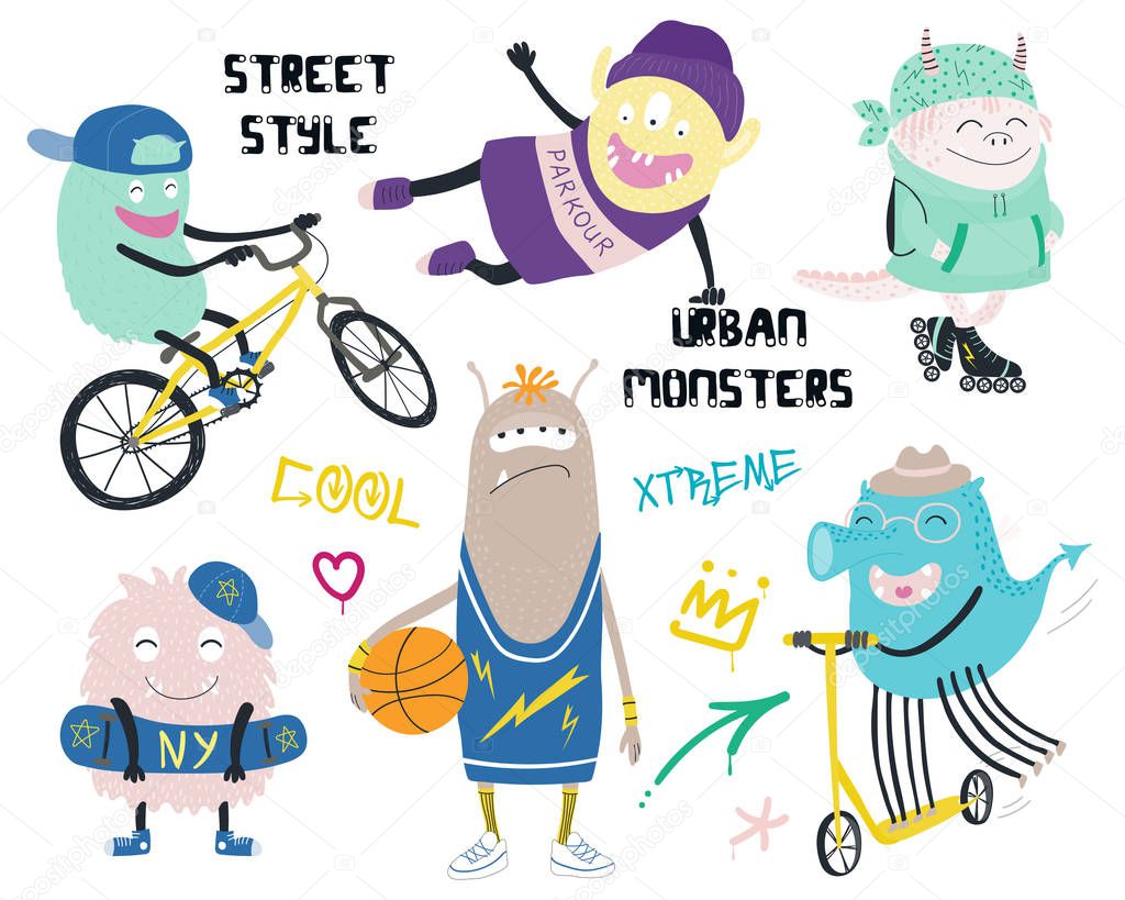 Set of cute funny modern city monsters in street style clothes with text and graffiti tags isolated on white background, Hand drawn vector illustration 