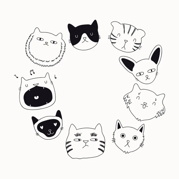 Frame Hand Drawn Cute Funny Black White Doodles Cats Faces — Stock Vector