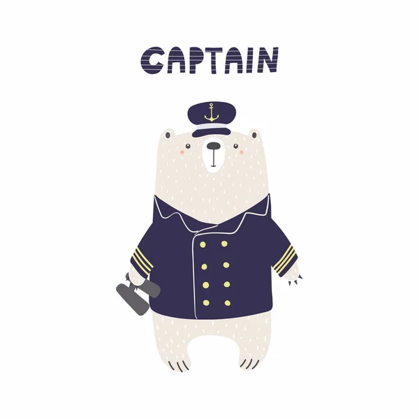 Ilustración Vectorial Dibujada Mano Lindo Marinero Oso Divertido Gorra Capitán — Vector de stock