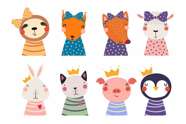 一套可爱有趣的小动物戴着皇冠和弓 斯堪的纳维亚风格的平面设计 儿童的概念打印 — 图库矢量图片
