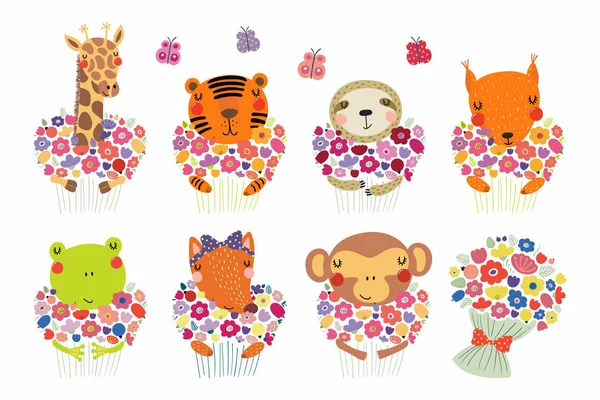 Gyűjteménye Aranyos Vicces Kis Állatok Virágok Skandináv Stílusú Lapos Design — Stock Vector
