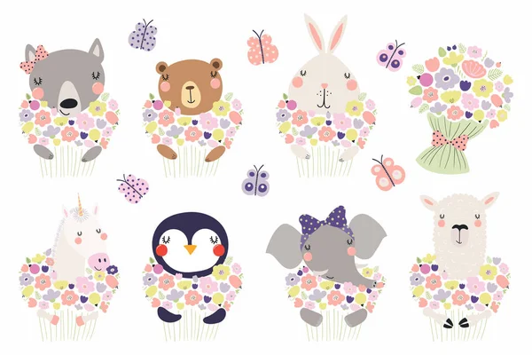Çiçekler, İskandinav tarzı tasarım, şirin komik küçük hayvanlarla çocuklar baskı için kavram kümesi