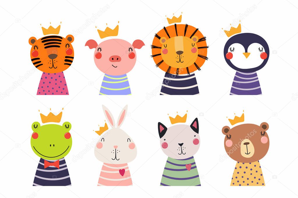 Set of cute funny little animals in crowns, Scandinavian style flat design, Concept for children print