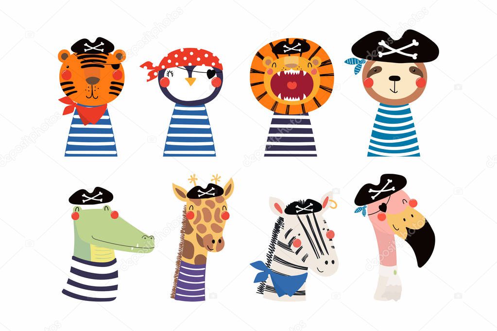 Set of cute funny little animals in pirates costumes, Scandinavian style design, Concept for children print
