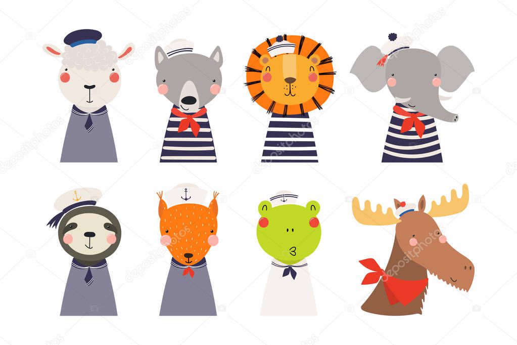 Set of cute funny little sailor animals , Scandinavian style flat design, Concept for children print