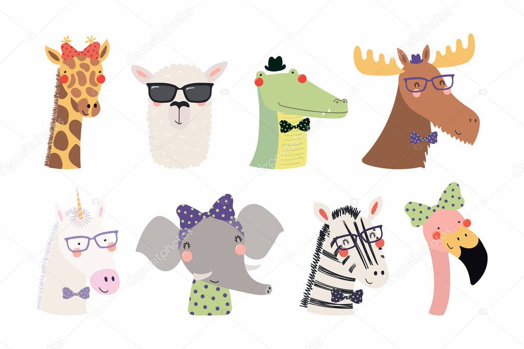 Set of cute funny trendy animals, Scandinavian style design, Concept for children print
