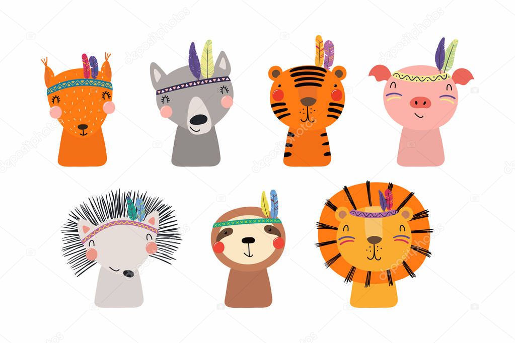 Set of cute funny little tribal animals, Scandinavian style flat design, Concept for children print