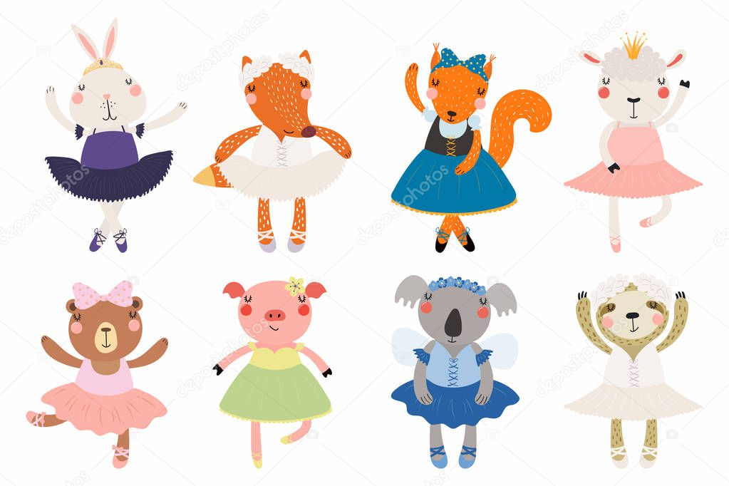 Set of cute funny little animals in ballerinas dress, Scandinavian style flat design, Concept children print 