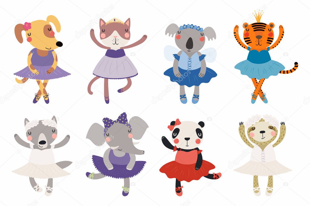 Set of cute funny little animals in ballerinas dress, Scandinavian style flat design, Concept children print 
