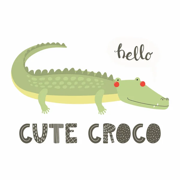 Hand Drawn Vector Illustration Cute Funny Crocodile Saying Hello Lettering — Stock Vector