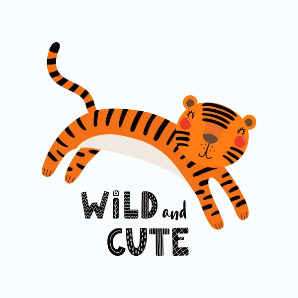 Ilustración Vectorial Dibujada Mano Tigre Divertido Lindo Con Cita Letras — Vector de stock