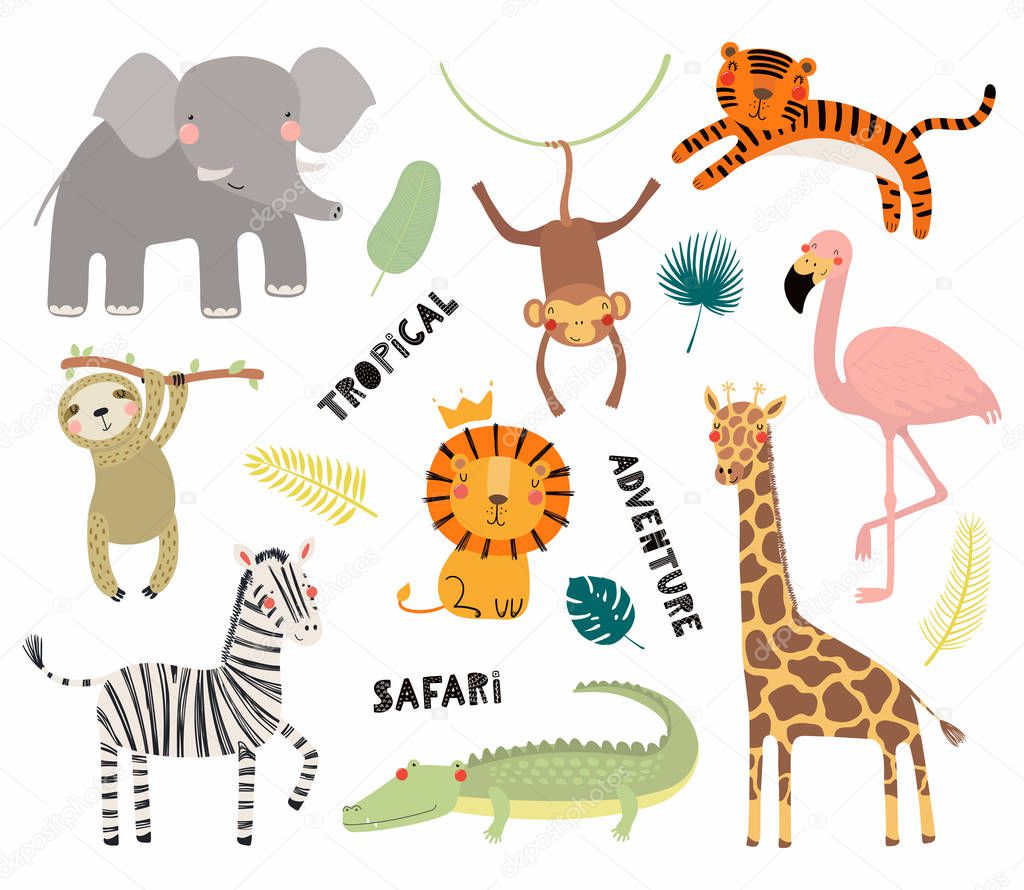 Set of cute funny african animals, vector illustration, Scandinavian style design, Concept kids print