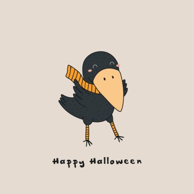 Kawaii komik crow susturucu metin mutlu Cadılar Bayramı, tebrik kartı ve yeni yıl eğlencesi daveti için tasarım konsepti ile çizilmiş vektör çizim el