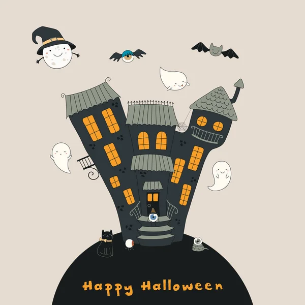 Hand Drawn Vector Illustration Haunted House Kawaii Funny Moon Ghosts — Stock Vector