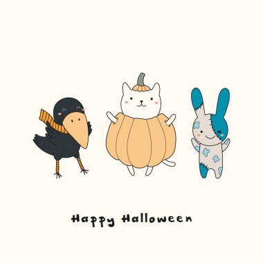 El ile kedi kawaii komik karga vektör çizim olarak kabak ve zombi bunny metin mutlu Cadılar Bayramı, tebrik kartı ve yeni yıl eğlencesi daveti için tasarım konsepti ile çekilmiş
