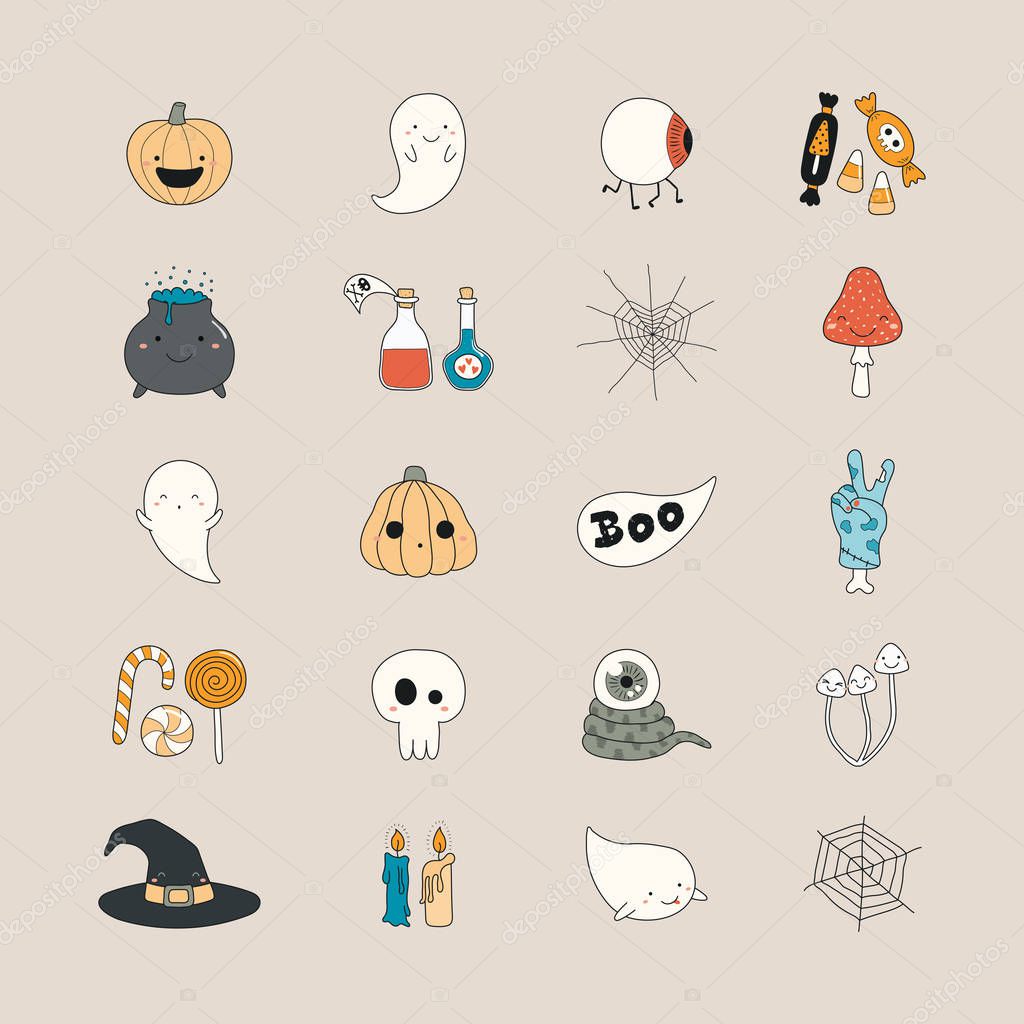 Set of kawaii funny Halloween icons, Design concept for greeting card and party invitation