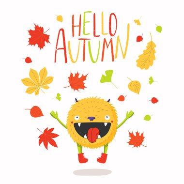 Çocuklar baskı vektör çizim düşen yaprakları ve alıntı Merhaba sonbahar, mevsim, değişim kavramı ile şirin küçük canavar el çekilmiş