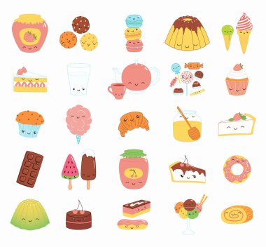 Elle çizilmiş sorunsuz vektör desen kawaii komik tatlı gıda ile doodles, konsept tasarım çocuklar tekstil baskı için  