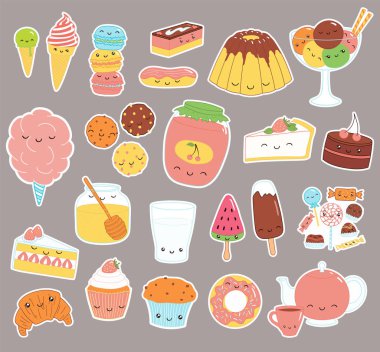 Elle çizilmiş sorunsuz vektör desen kawaii komik tatlı gıda etiketleri ile konsept tasarımı için tekstil baskı çocuklar.   