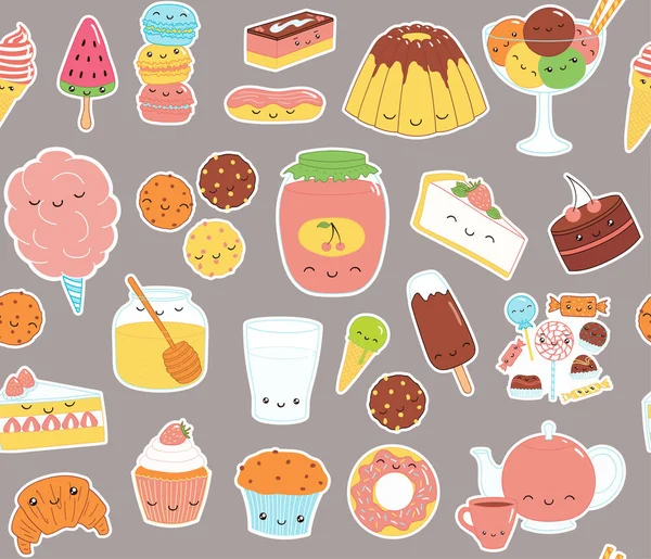 Hand Drawn Seamless Vector Pattern Kawaii Funny Sweet Food Stickers — Stock Vector