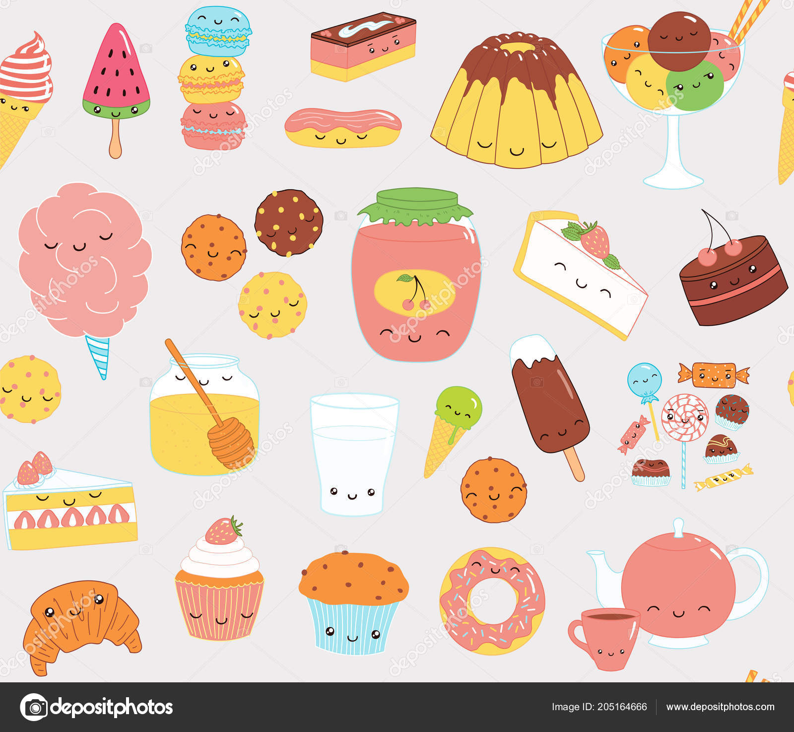 Tangan Digambar Pola Mulus Dengan Stiker Makanan Manis Lucu Kue