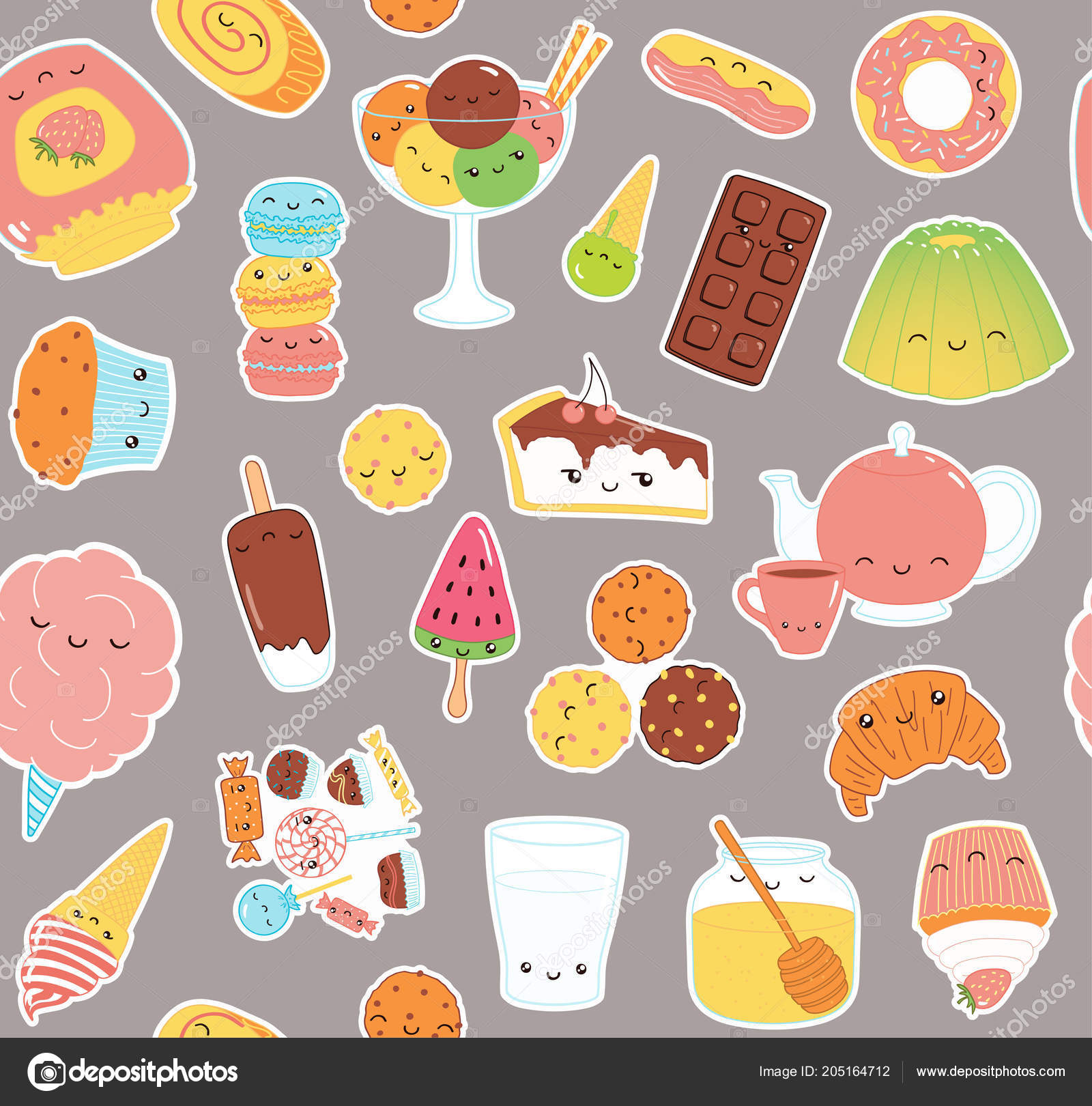 Set of Fun Stickers Desserts Kawaii Bakery Food Stock Vector