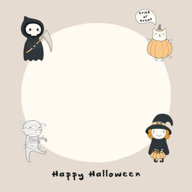 El çizilen komik ölüm, cadı, Anne, kedi ile metin mutlu Halloween balkabağı içinde
