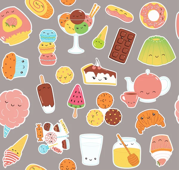 Ручной Рисунок Бесшовный Забавной Сладкой Пищи Наклейки Торт Печенье Мороженое — стоковый вектор