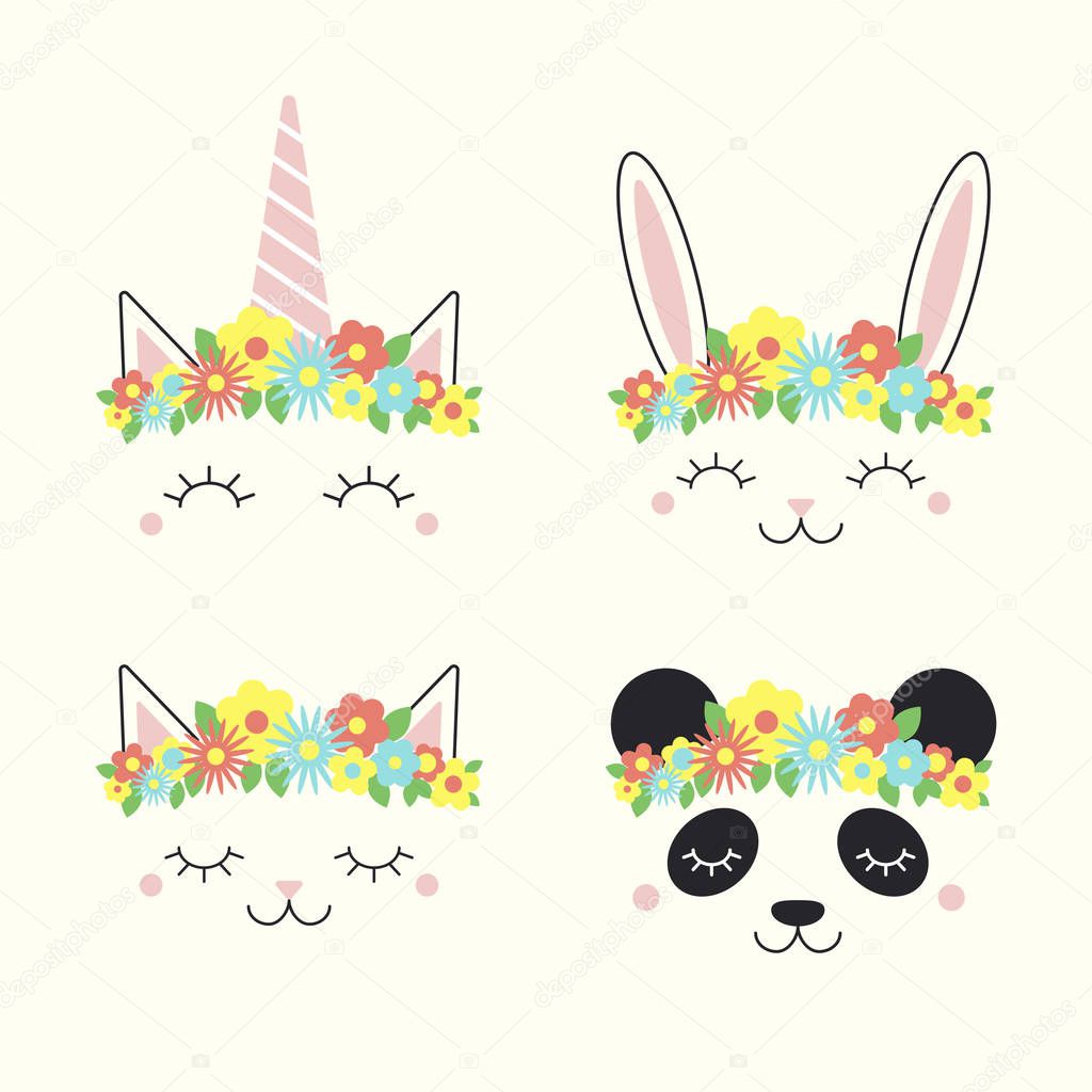 Set of funny animal, unicorn, bunny, cat, panda, faces in flower crowns
