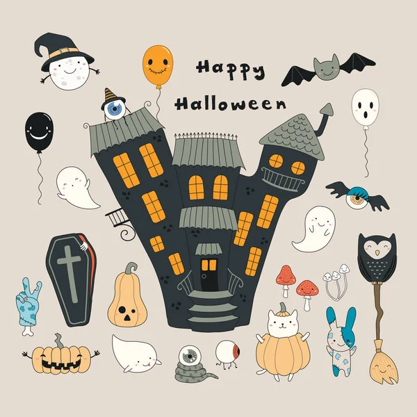 Grande Serie Divertenti Elementi Halloween Sfondo Beige — Vettoriale Stock