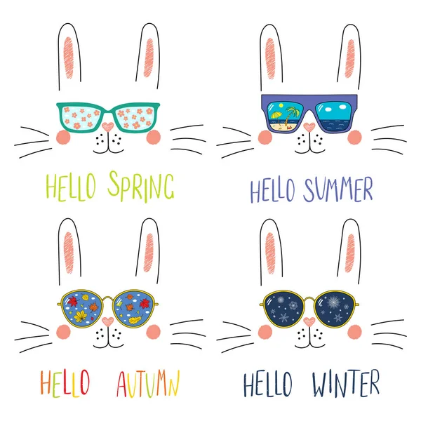 Set Hand Drawn Sunglasses Summer Autumn Winter Spring Symbols Reflected — Stock Vector