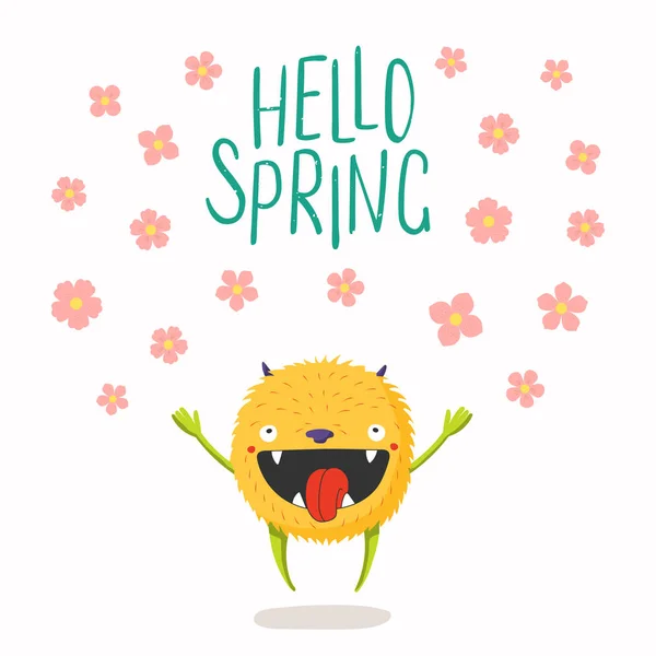 Pequeño Monstruo Dibujado Mano Saltando Flores Cayendo Cita Hello Spring — Vector de stock