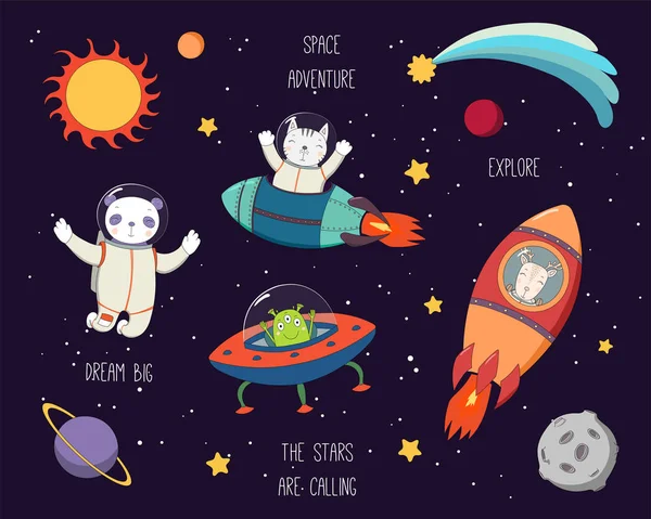 Set of funny cat, panda, deer astronauts, alien in space, with planets, stars, quotes