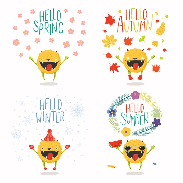 Set Hand Drawn Little Monsters Summer Autumn Winter Spring Text — Stock Vector