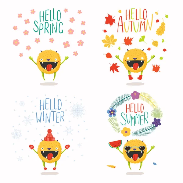 Conjunto Pequeños Monstruos Dibujados Mano Verano Otoño Invierno Primavera Con — Vector de stock